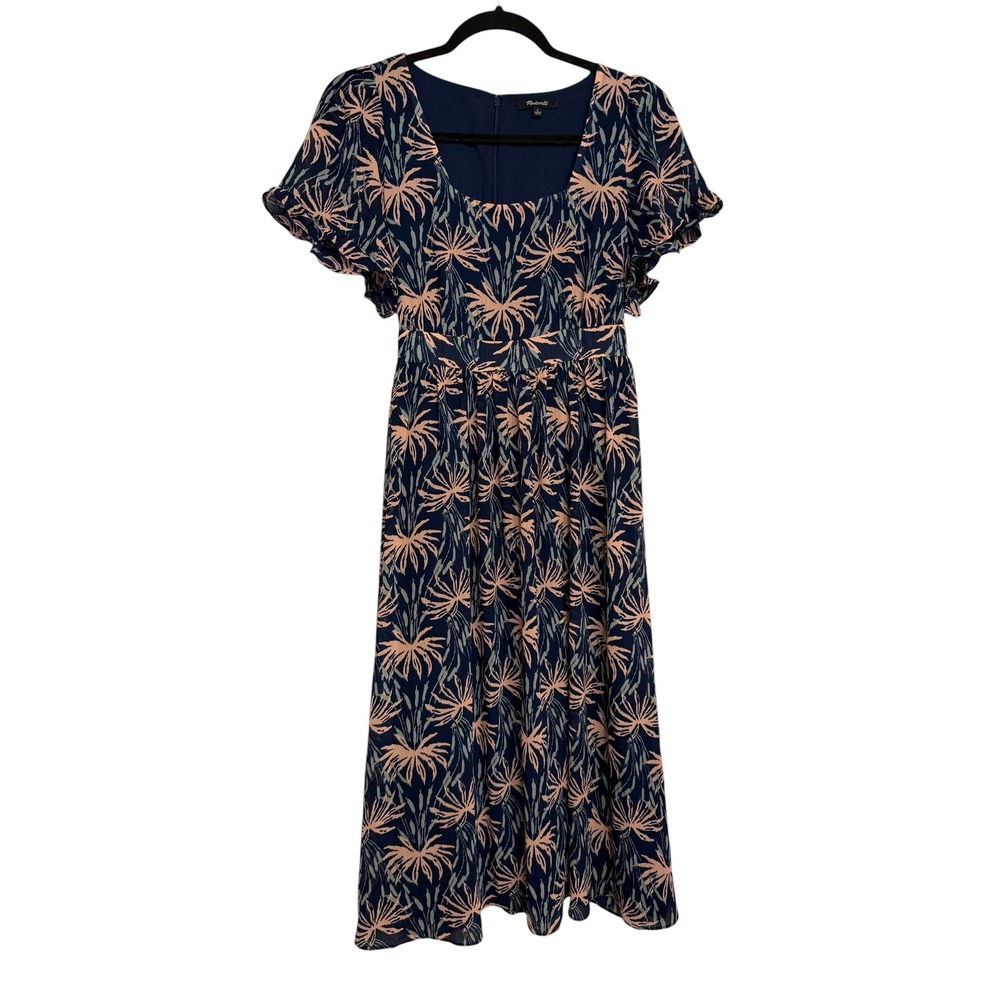 Madewell Navy Blue Peach Floral Palm Print Flutter Sleeve Midi Dress Size S